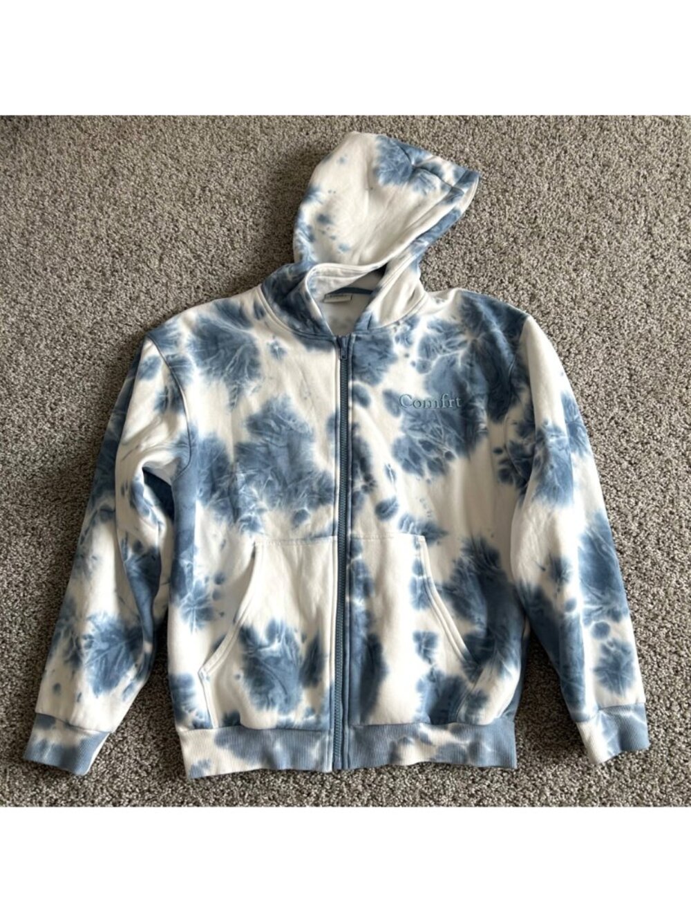 Comfrt Unisex Sz LTie-Dye Full-Zip Hoodie Blue & White Cotton Blend - Picture 2 of 11